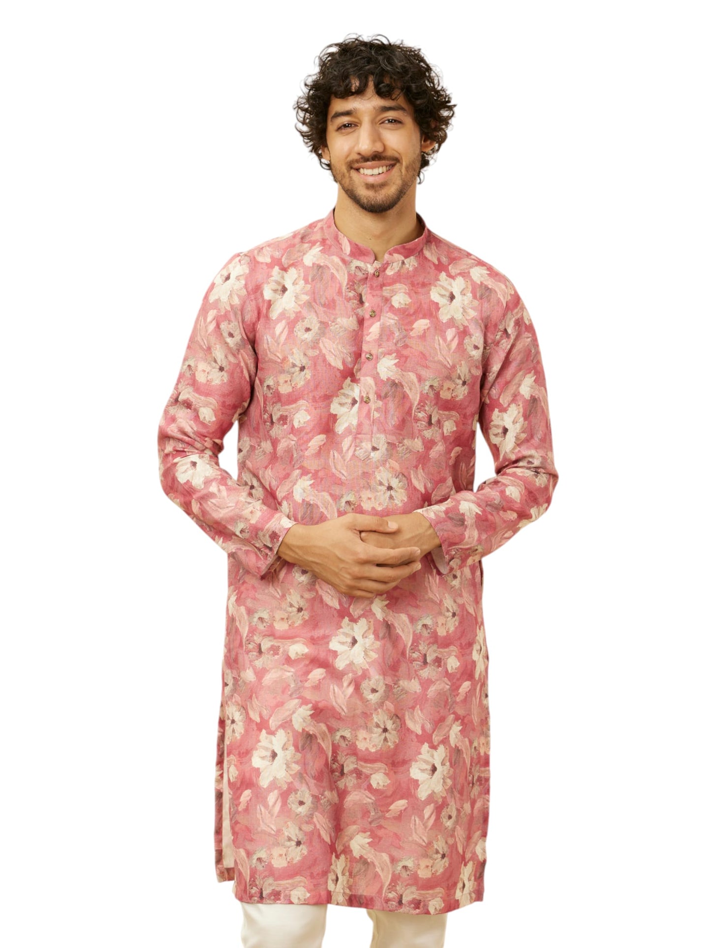 Manyavar Men's Coral Pink Floral Printed Kurta (L)