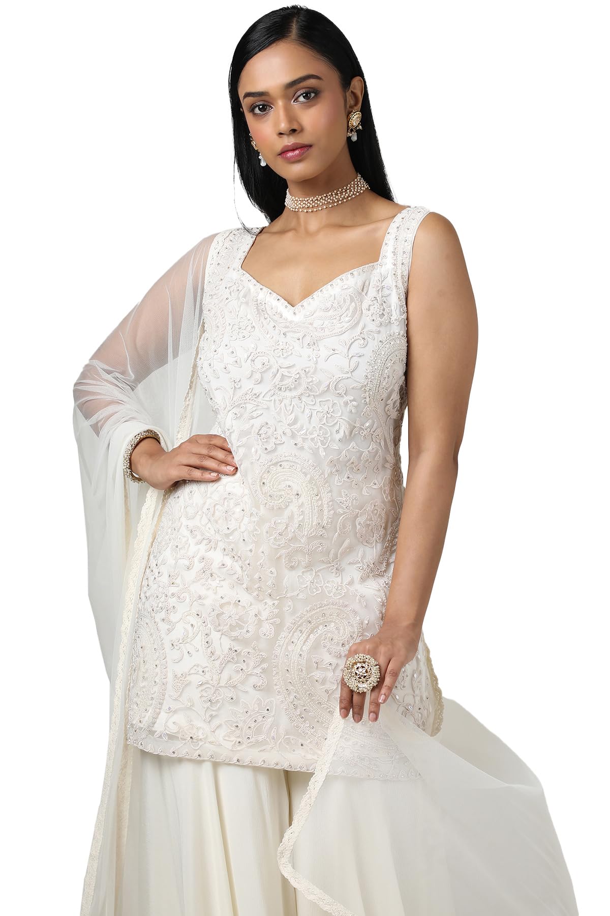 Soch Women's Net Salwar Suit Set (OWS5CD21481A_Off White