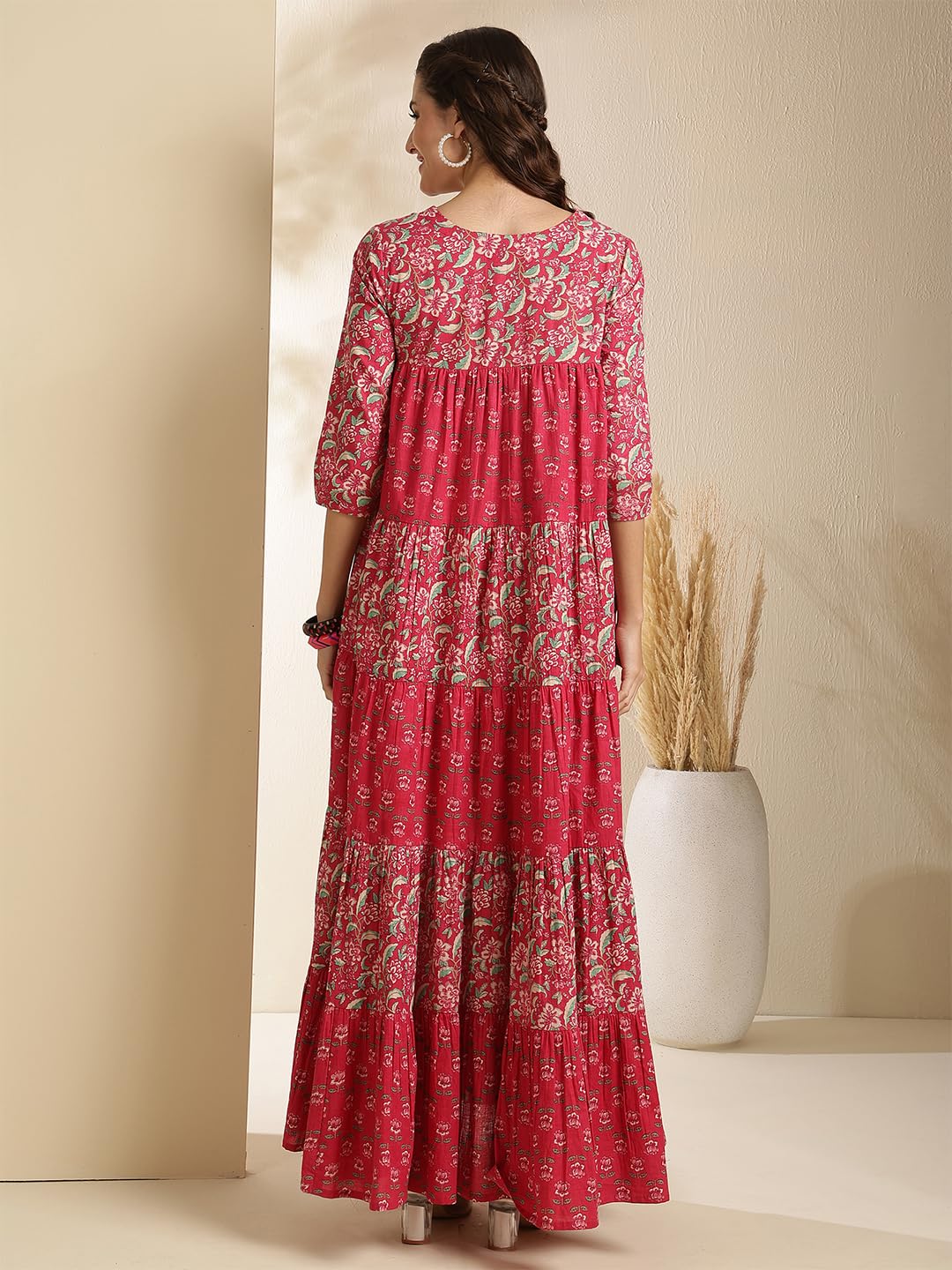 Gulmohar Jaipur Women's Cotton Ankle Length Printed Key Hole Neck Anarkali Gown (GUL485KRTPINK_3XL, 3XL, Pink)