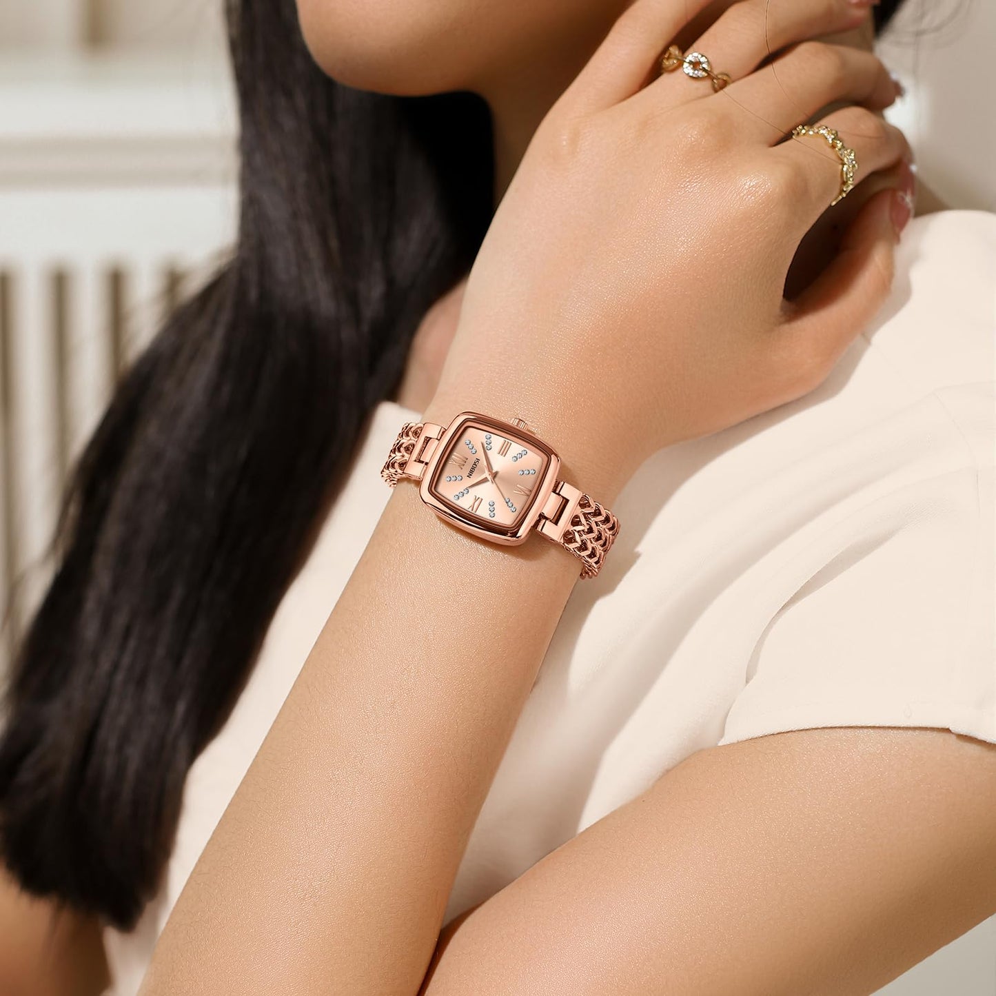 IBOSI Women Watches Analog Quartz Diamond Square Ladies Watch Stylish Elegant Waterproof Stainless Steel Jewelry Bracelet (Rose Gold)