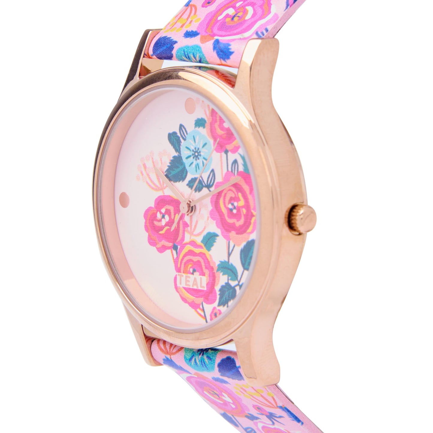 TEAL BY CHUMBAK Round Dial Analog Watch for Women,Rose Garden Collection, Printed Vegan Leather Strap,Gifts for Women/Girls/Ladies,Stylish Fashion Watch for Casual/Work - Pink