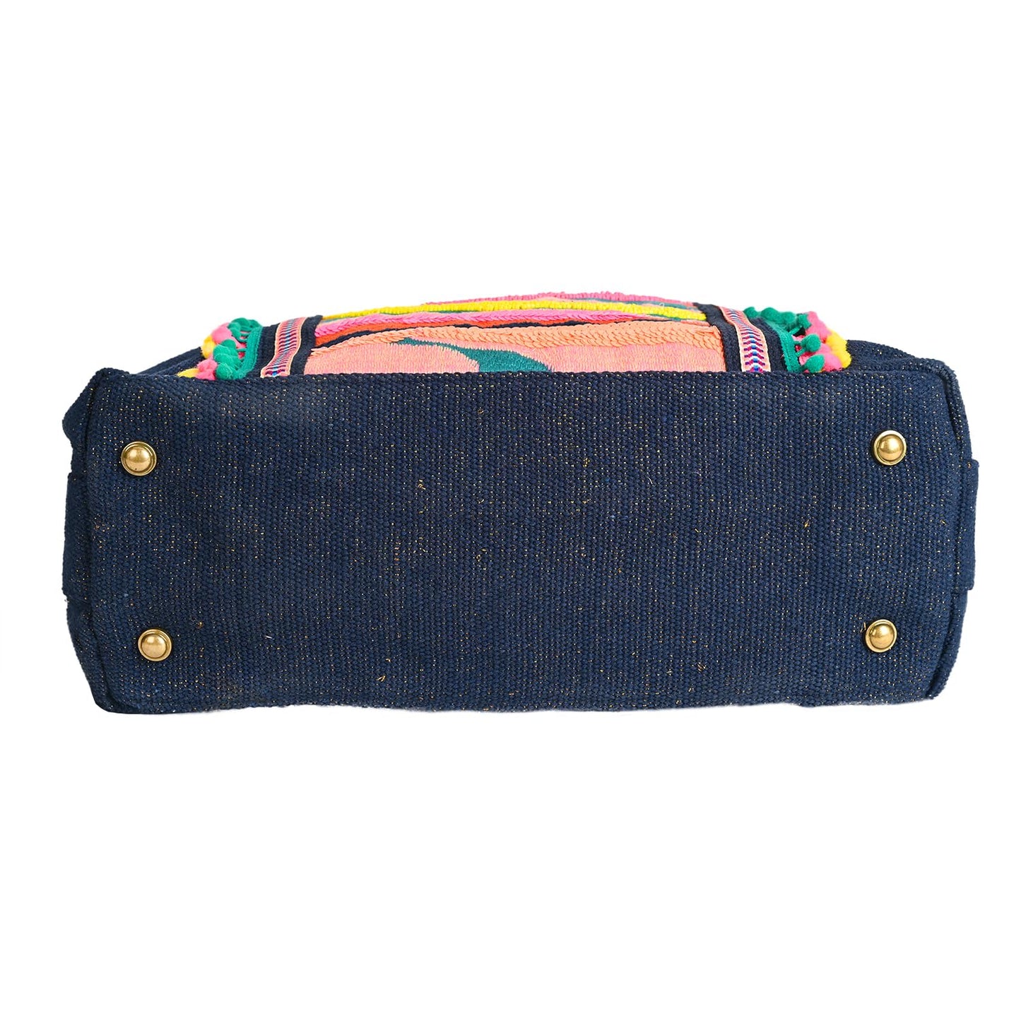 Boho Girl Rainbow Waves Embellished Tote | Hand Beaded Navy Blue Jacquard Tote | Handicrafted Bag for Women | Multicolour Bead Embellished Handbag | Birthday Gifts for Sisters | Handbag for Office