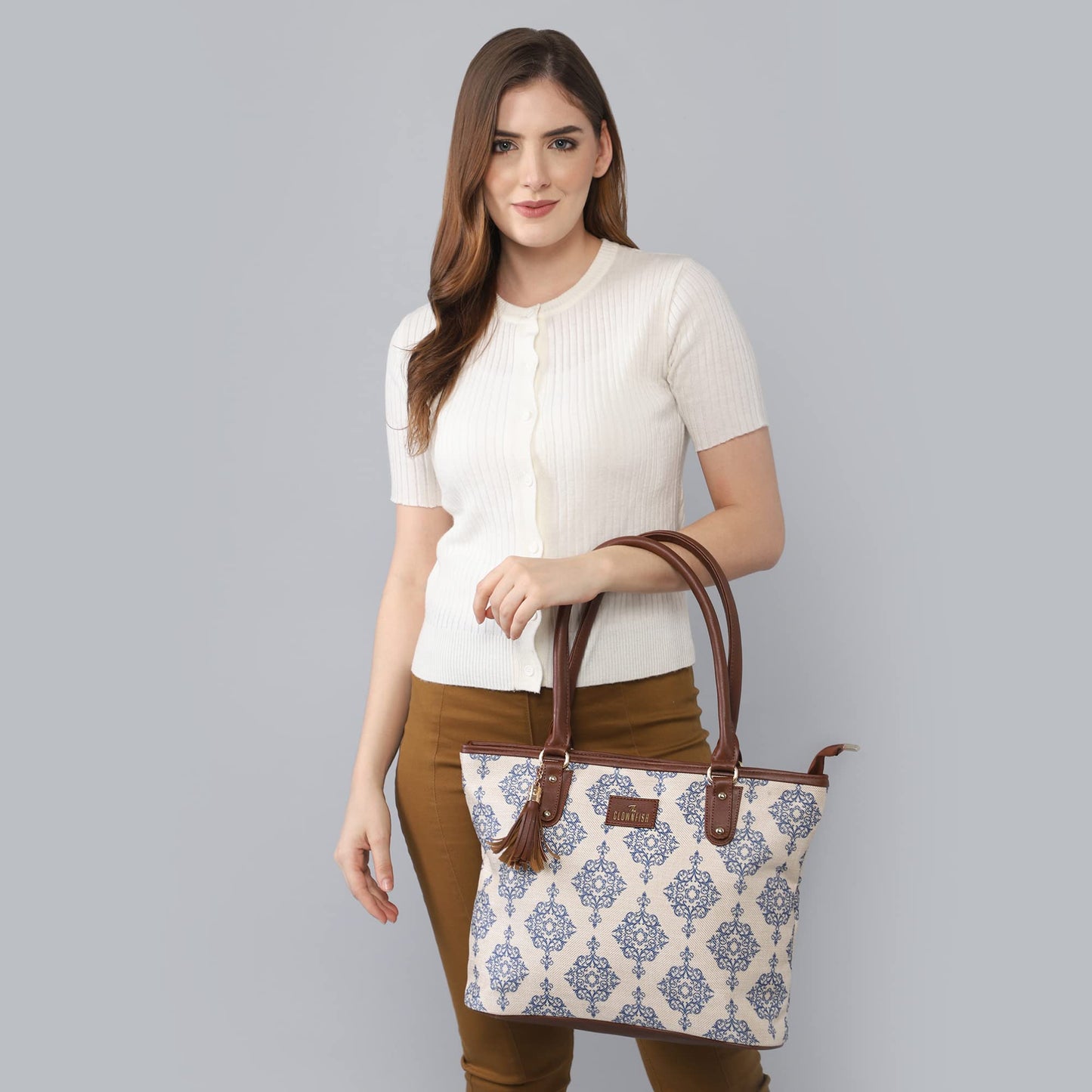 The Clownfish Percy Printed Handicraft Fabric Handbag for Women Office Bag Ladies Shoulder Bag Tote for Women College Girls (Off White)