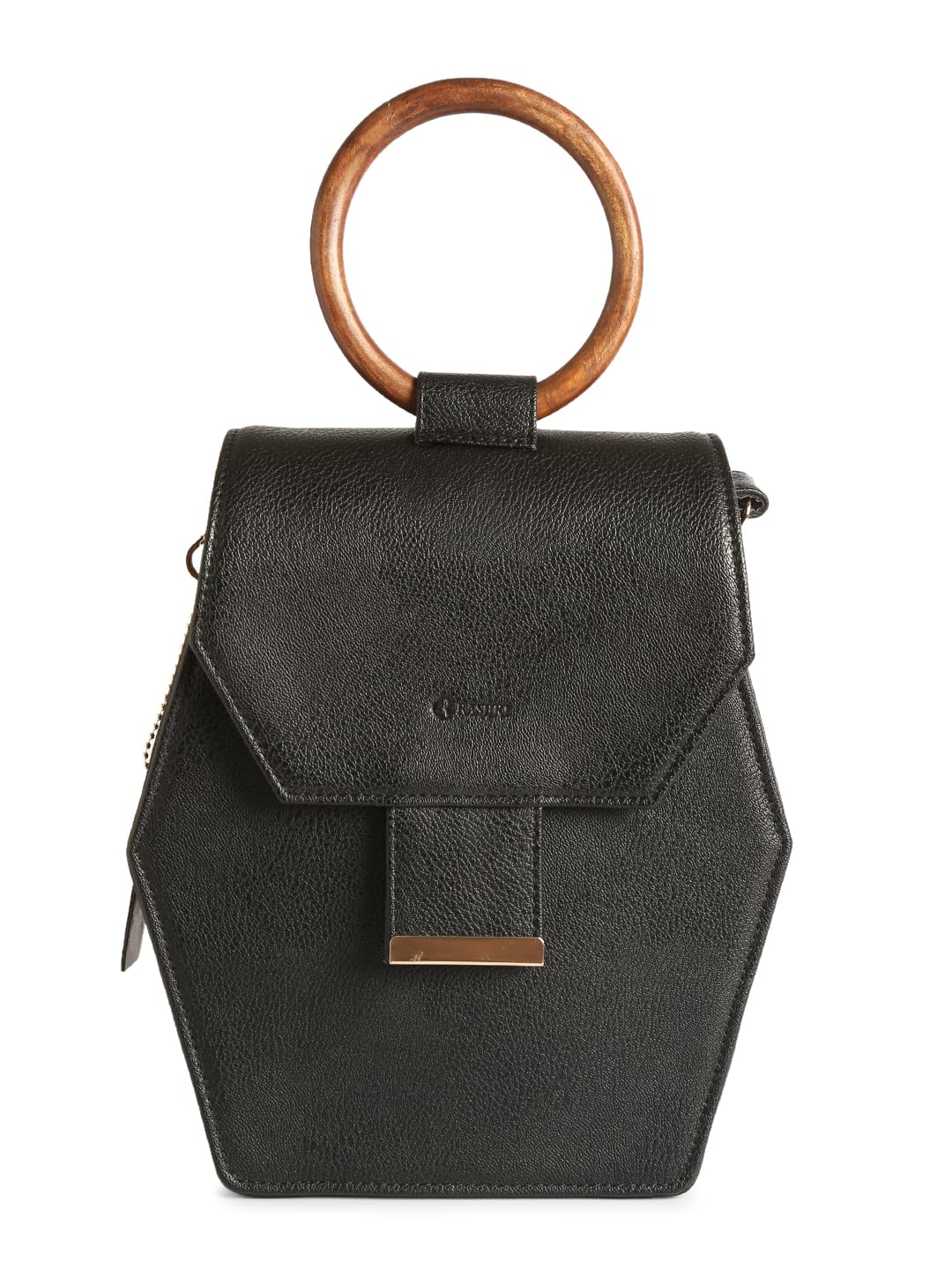 RASHKI ESA BLACK - Womens Vegan Leather Hand Bag | Real Wood Handle | Spacious Compartment | Flip Closure