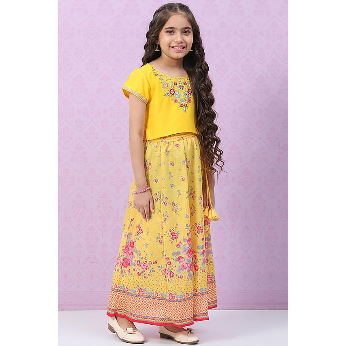 BIBA Girls Polyester Flared Self Design Lehenga Set (KW4960EAW22YEL_Yellow_15)