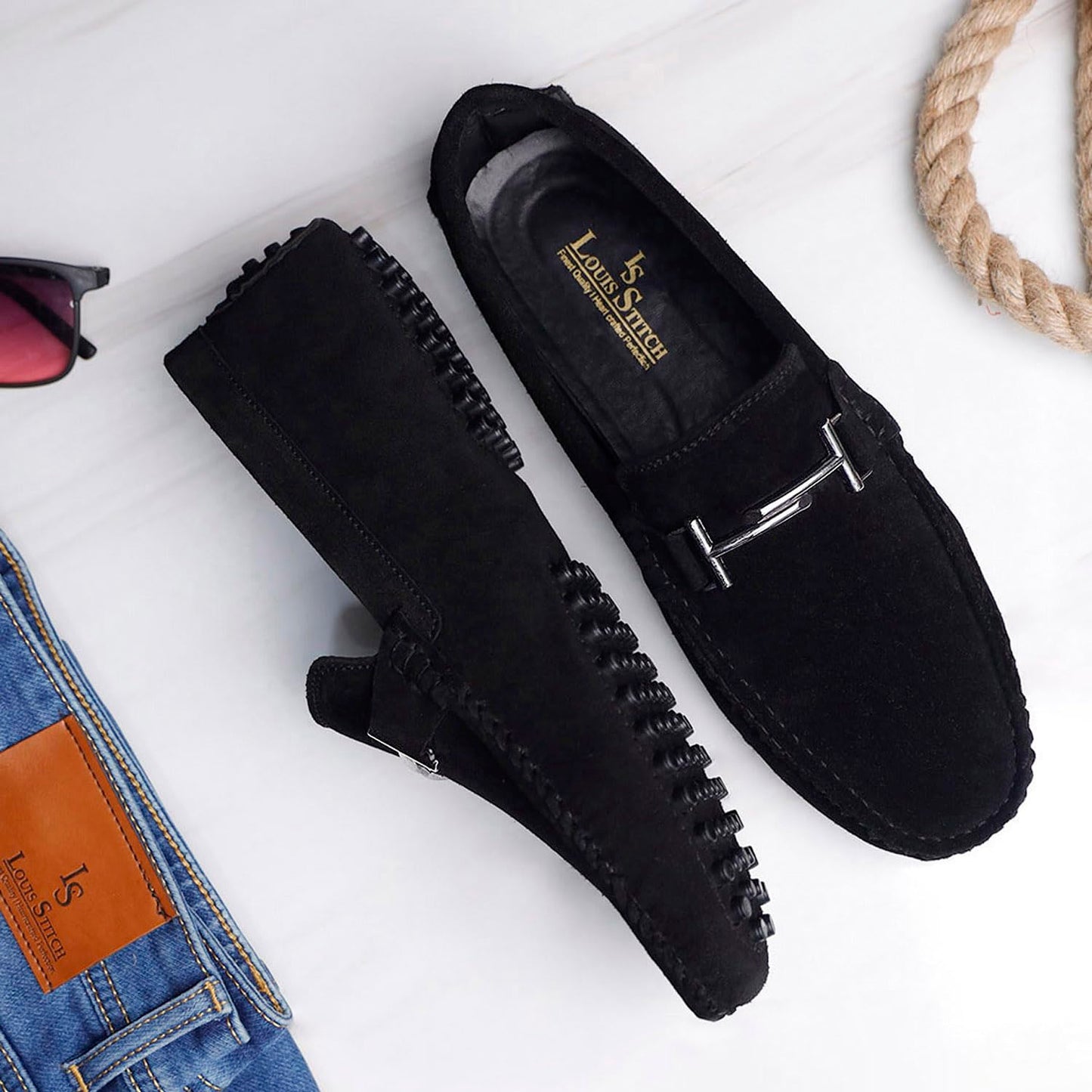 LOUIS STITCH Suede Loafers for Men | Designer Buckle Moccasins | Formal & Casual Slip-On Shoes | Ideal for Business, Parties, Everyday Wear | Solid Obsidian Black | UK Size 10 (ITSUD-)