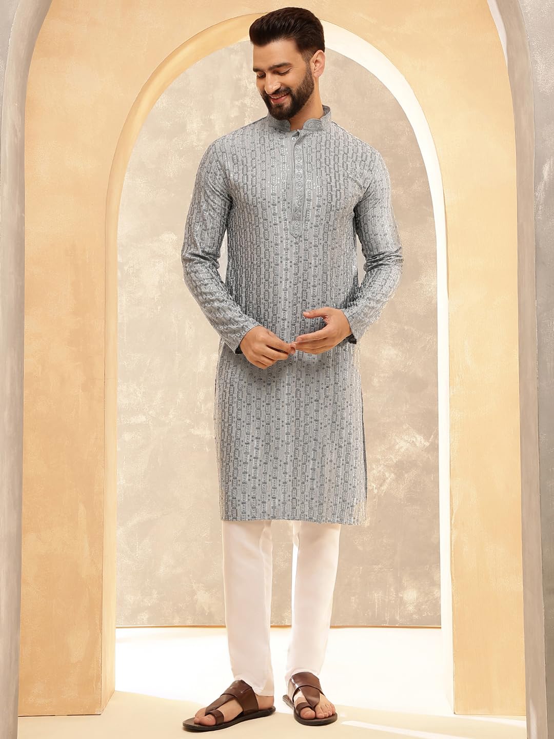 SOJANYA (Since 1958 Men's Cotton Rayon Shiny Thread Sequinned Blue Kurta with White Pyjama