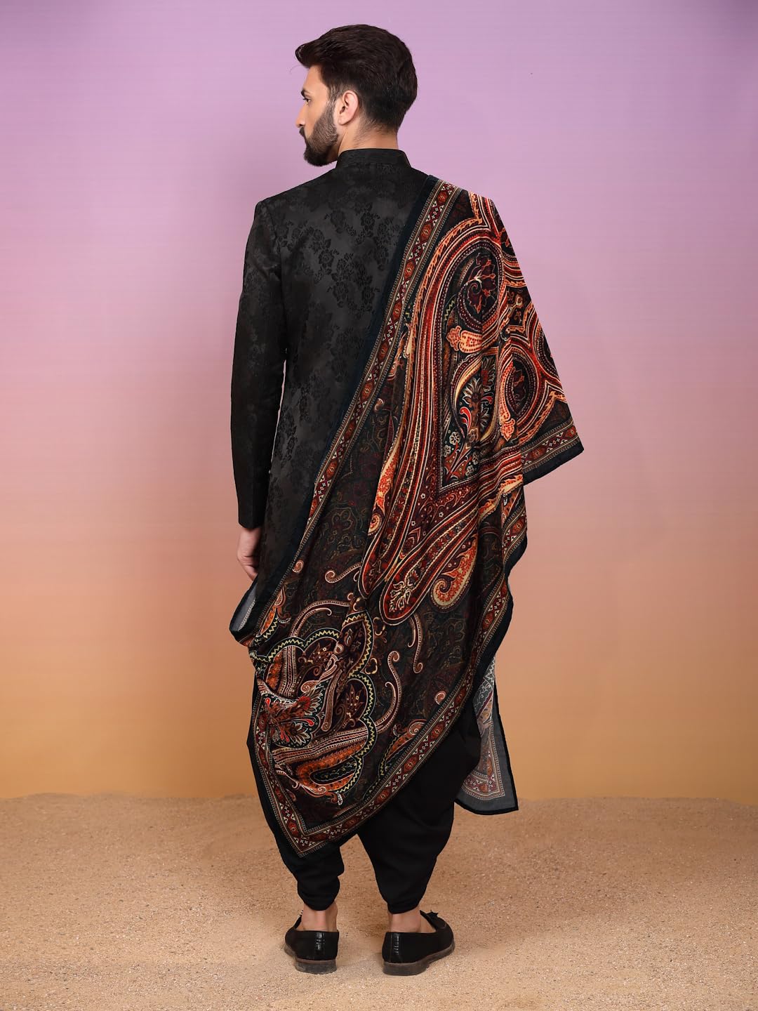 KISAH Indowestern Men's Casual Style Ethnic Wear Silk Blend Woven Design Regular Fit Black Indo-Western Sherwani Set Indo-Western