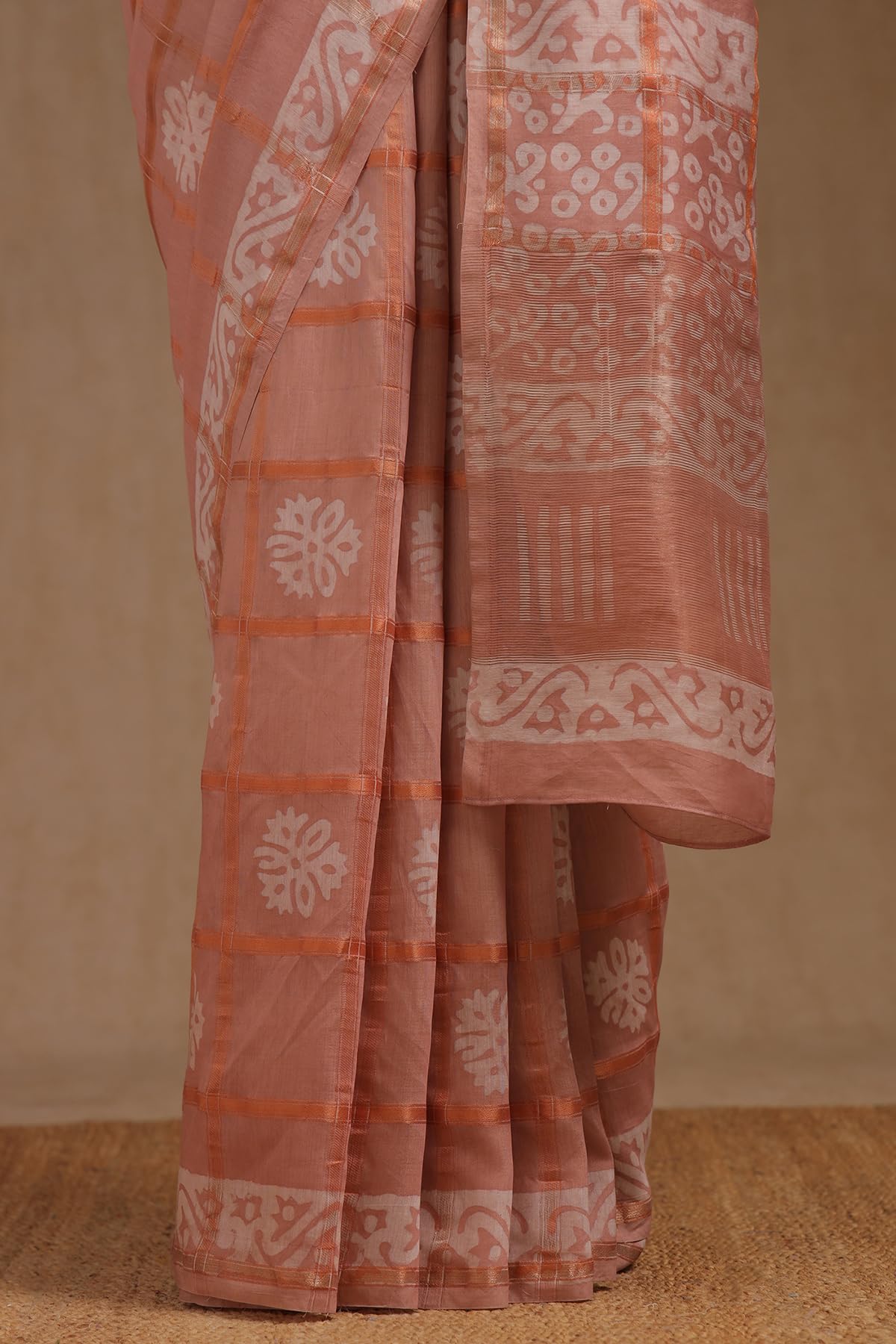 Soch Womens Peach Viscose Block Print Saree Zari