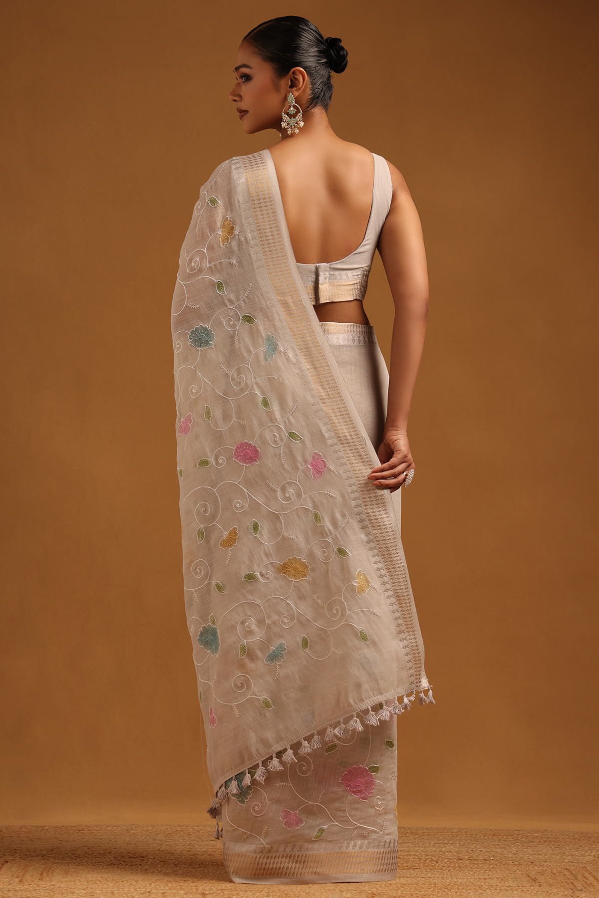 Soch Womens Light Grey Linen Floral Saree With Embroidery and Sequin Details