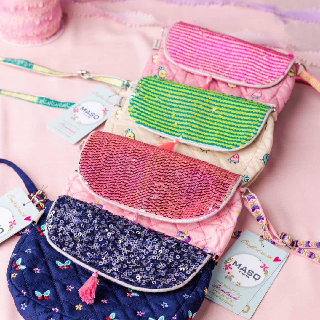 MASQ Little Girls Party Sling Bag, sequin-embellished, embroidered, sparkling with soft crossbody strap, cute and stylish for casual or gifting, Blue, Pink, Green, Multicolour