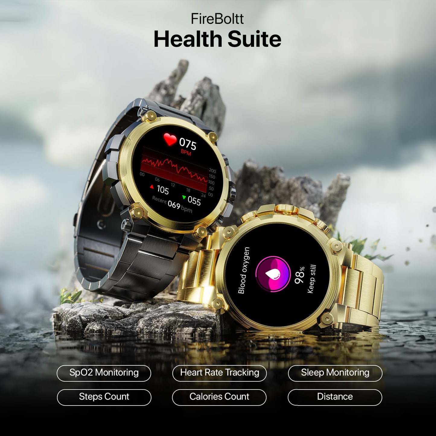 Fire-Boltt Dominian 36.3mm (1.43 inch) AMOLED Display, Stainless Steel Design, 466 * 466 px Resolution, Bluetooth Calling, Multiple Sports Modes, Health Mode, IP67, Weather Updates (Black Gold)