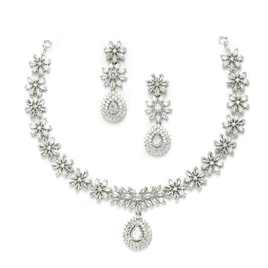ZENEME Womens Rhodium-Plated with Silver-Toned Floral Design White American Diamond Studded Jewellery Set (White)