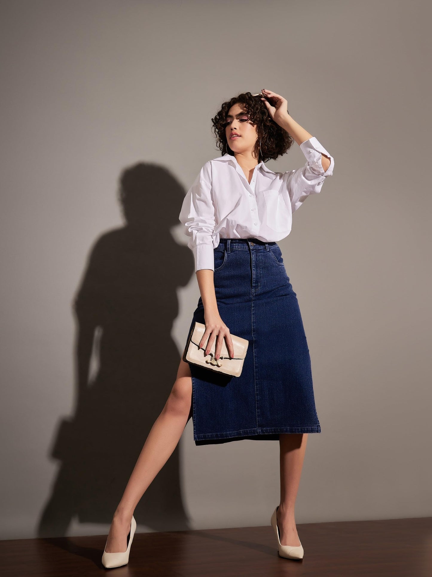Navy Denim Side Slit Midi Skirt