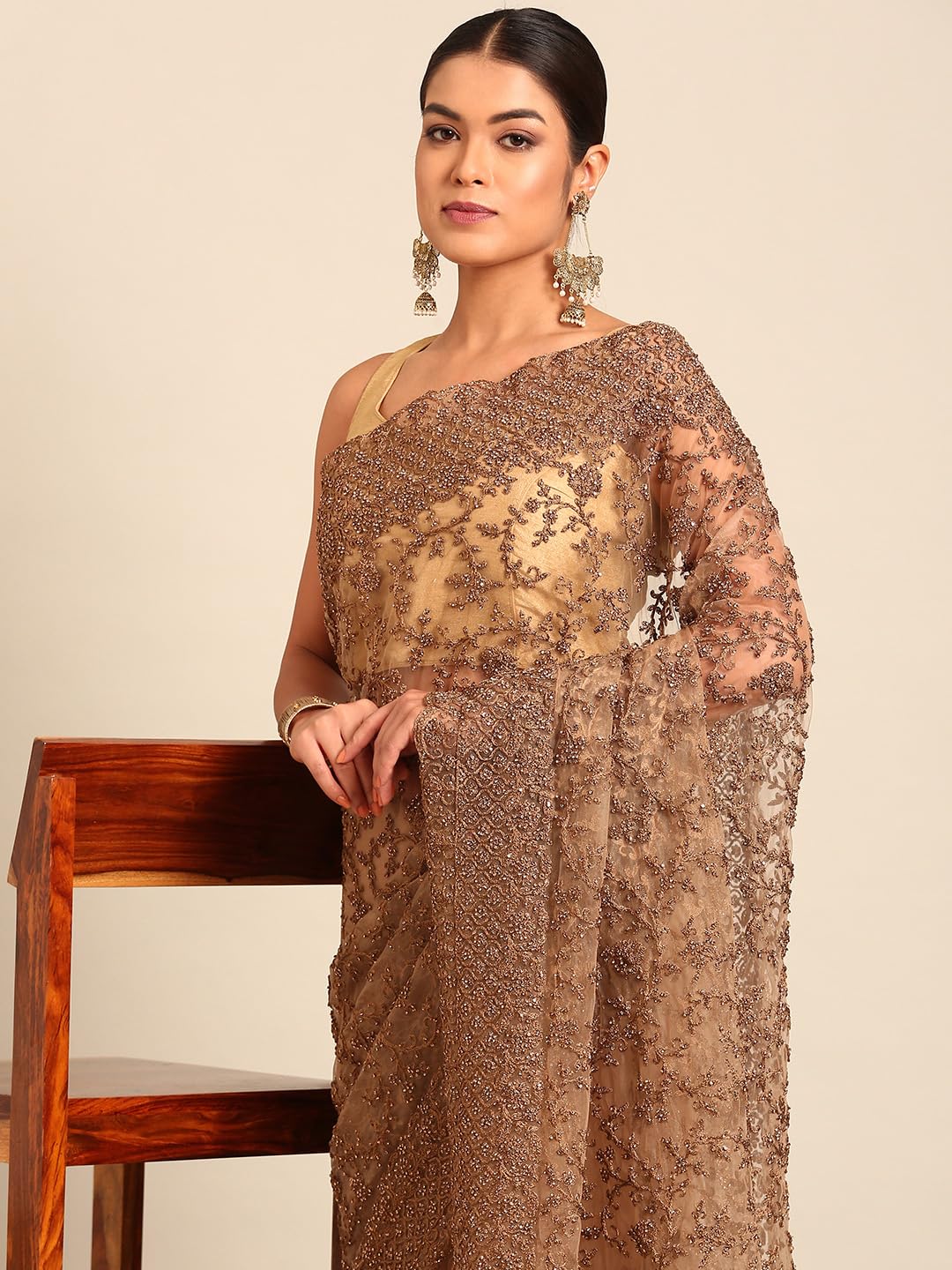 MOHEY Fawn Net Embroidery|Stone Work Saree for Women