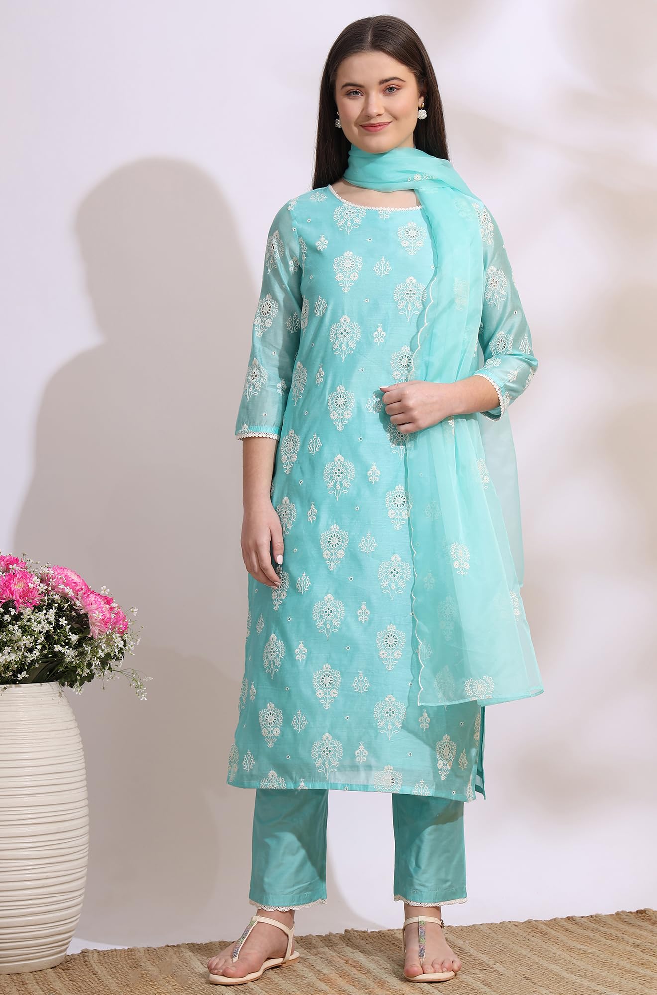 W for Woman Turquiose Blue Schiffli Embroidered Straight Kurta, Pants and Dupatta Set (Size: M)-WS12329-400786