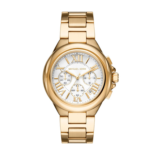 Michael Kors Stainless Steel Camille Analog White Dial Women Watch-Mk7270, Gold Band