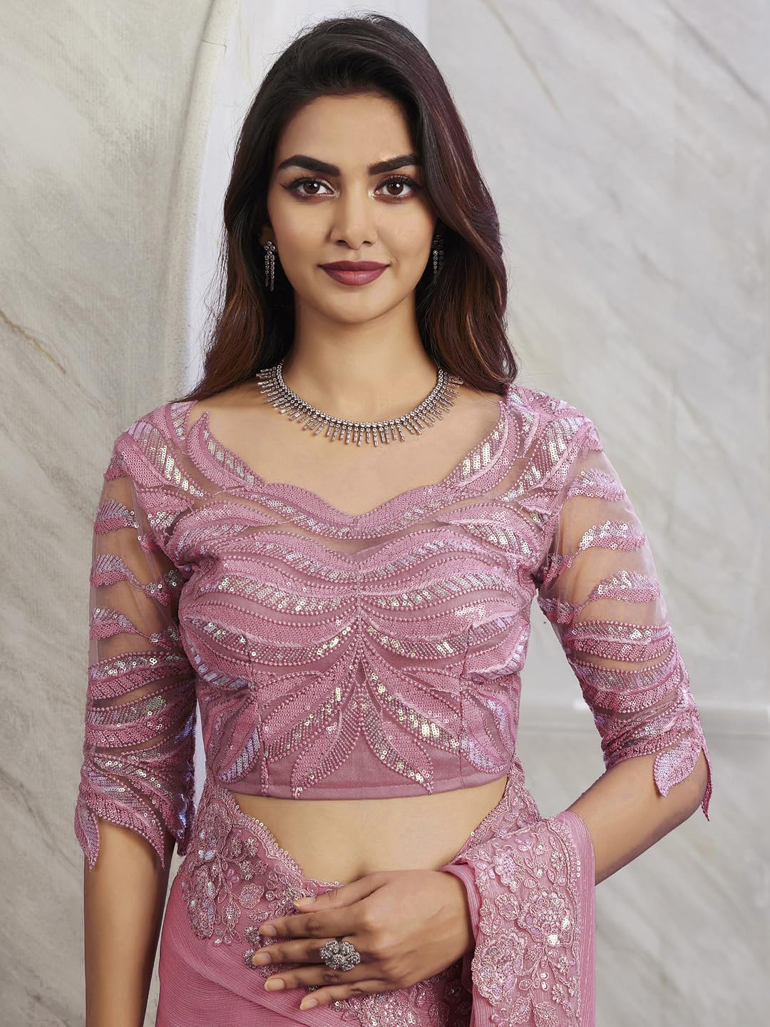 AKHILAM Women's Georgette Embellished Saree With Unstitched Blouse Piece(Pink_SILVER29003_TFH)