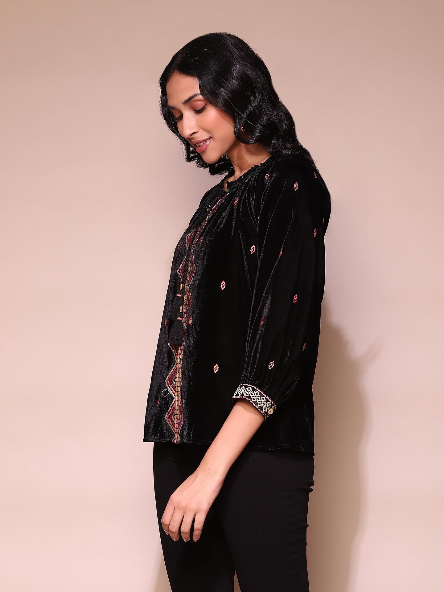 Label RITU KUMAR Black Embroidered Velvet Top