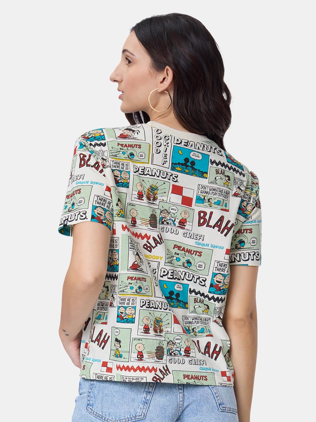 The Souled Store Official Peanuts: Old School Women and Girls Relaxed fit Graphic Half Sleeve Cotton White Color Women Relaxed Fit T-Shirts
