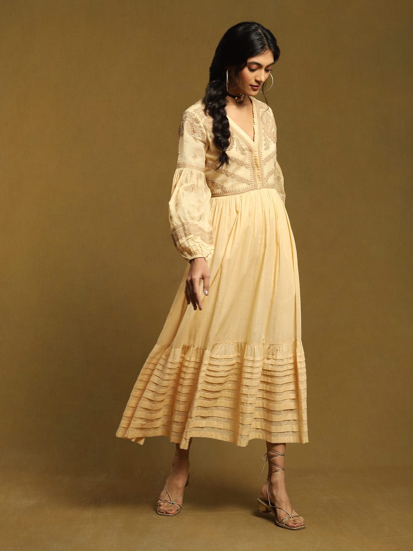 Ritu Kumar Beige Embroidered Tiered Long Dress