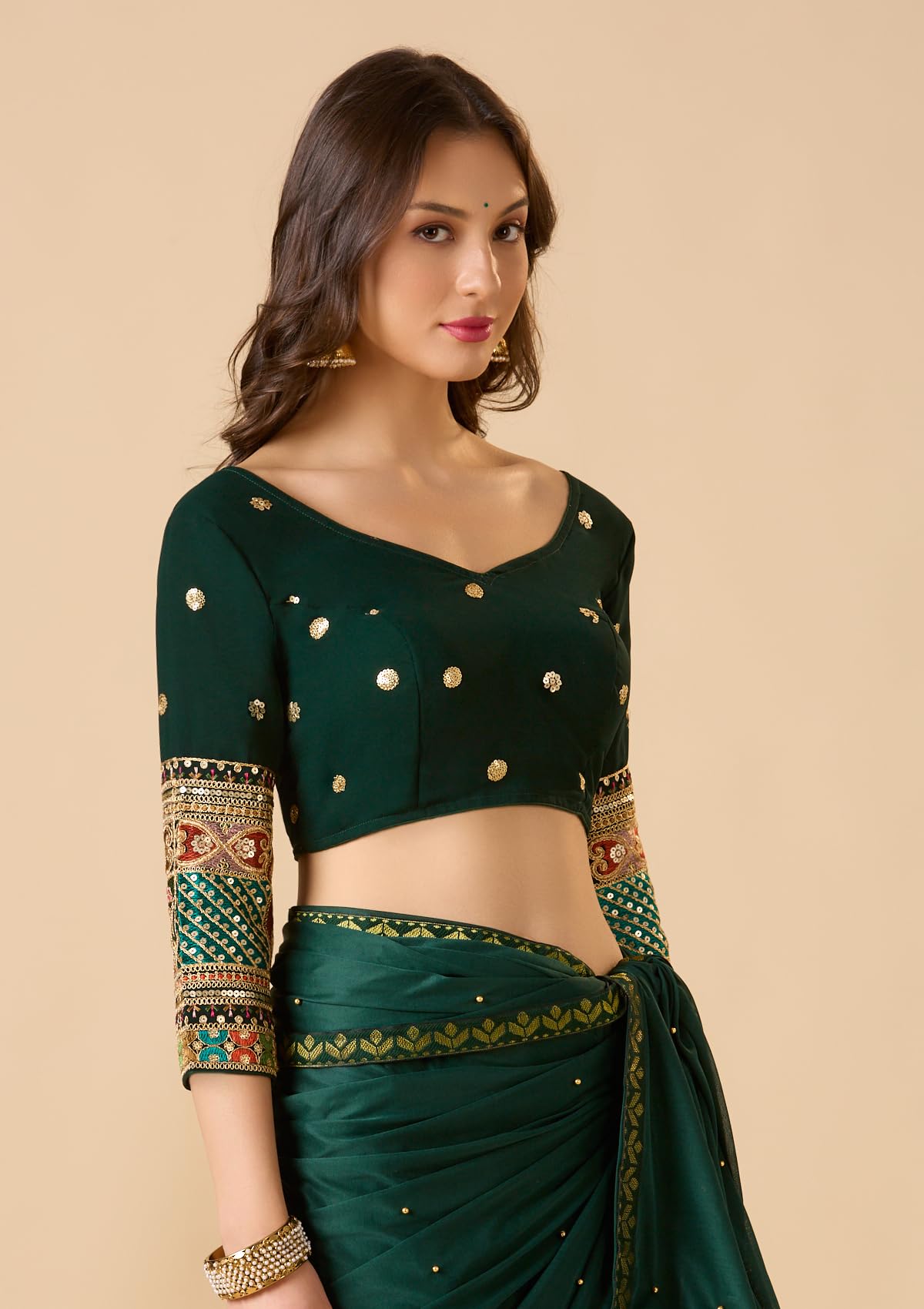 S SALWAR STUDIO Bottle Green Georgette Sweetheart Neck Full Sleeve Readymade Blouse