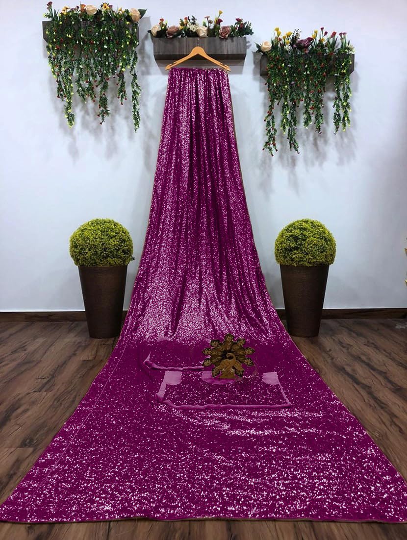 SHYAMLATA Women's latest Heavy Sequence Work Georgette Sarees For Women Wedding Party Collection With Blouse Piece (purple)