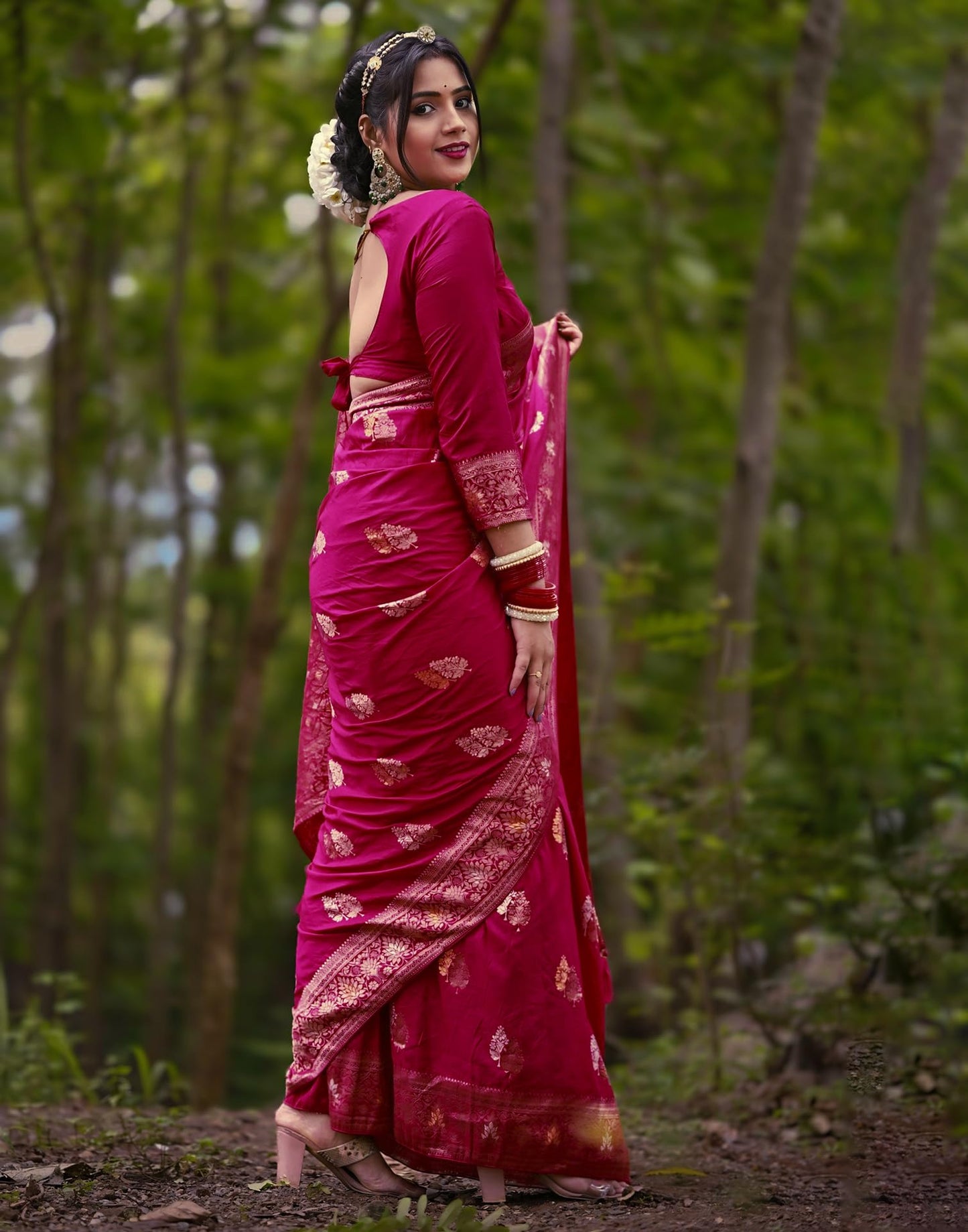 SIRIL Women's Silk Banarasi Silk Saree With Unstitched Blouse Piece(3657S6027-Rani Pink)