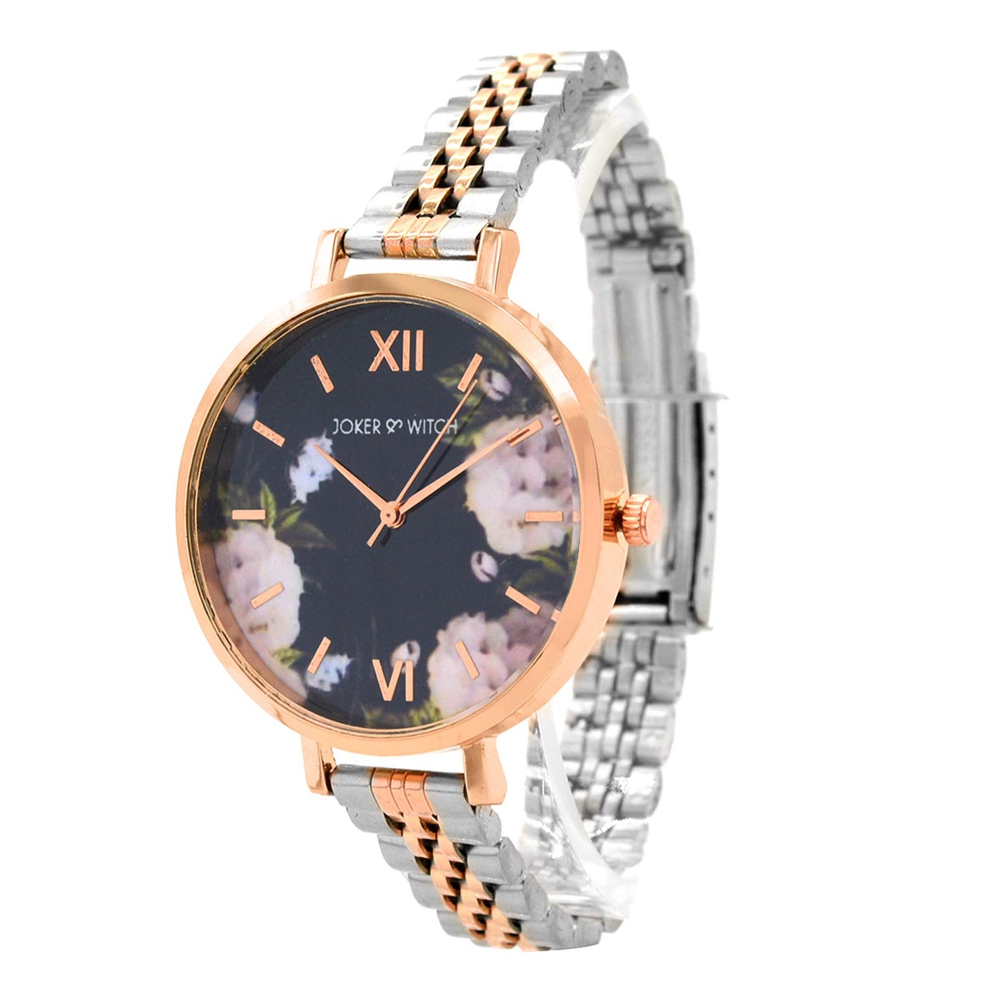 Joker & Witch Stainless Steel Jade Floral Dial Rosegold Analog Watch Bracelet Gift Set For Women, Silver Band