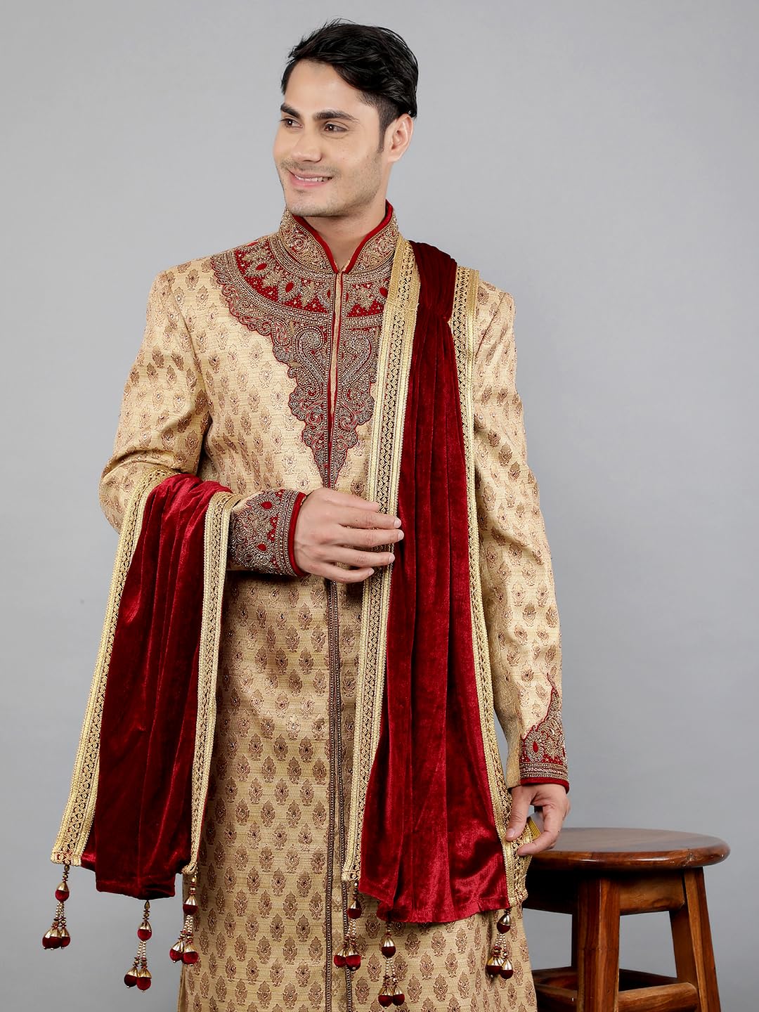 Manish Creations Men's Woven Design with Embroidery Ethnic Sherwani Set