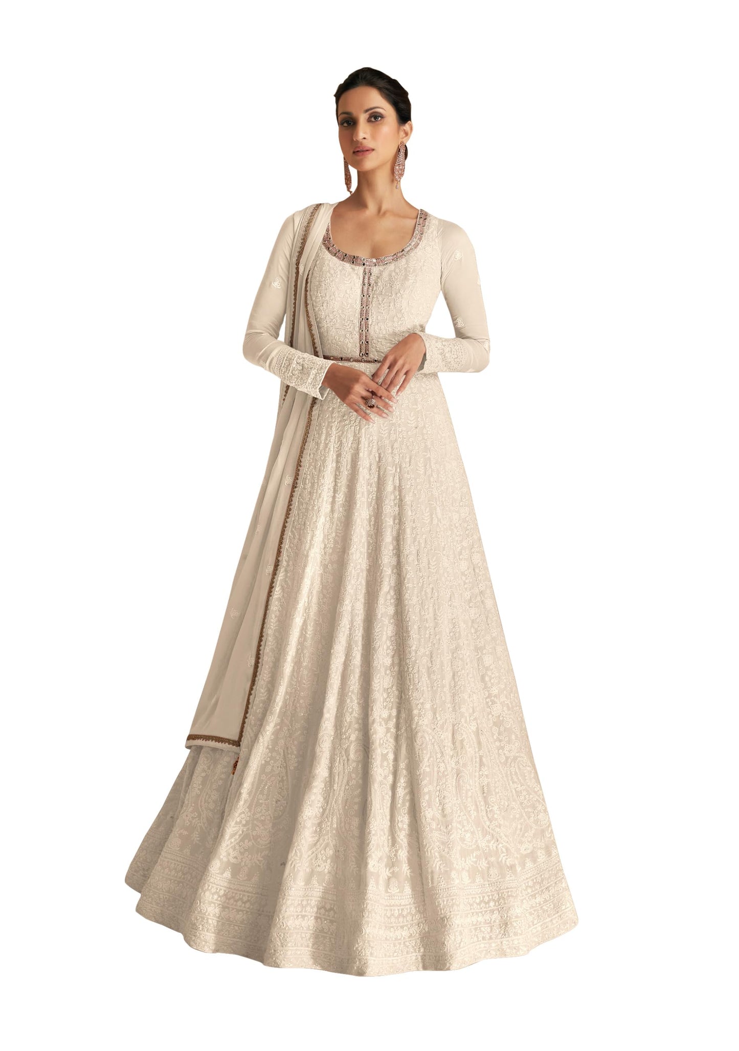 RUDRAPRAYAG Georgette And Santoon Embroidered Ankle Length Anarkali Gown For Women White