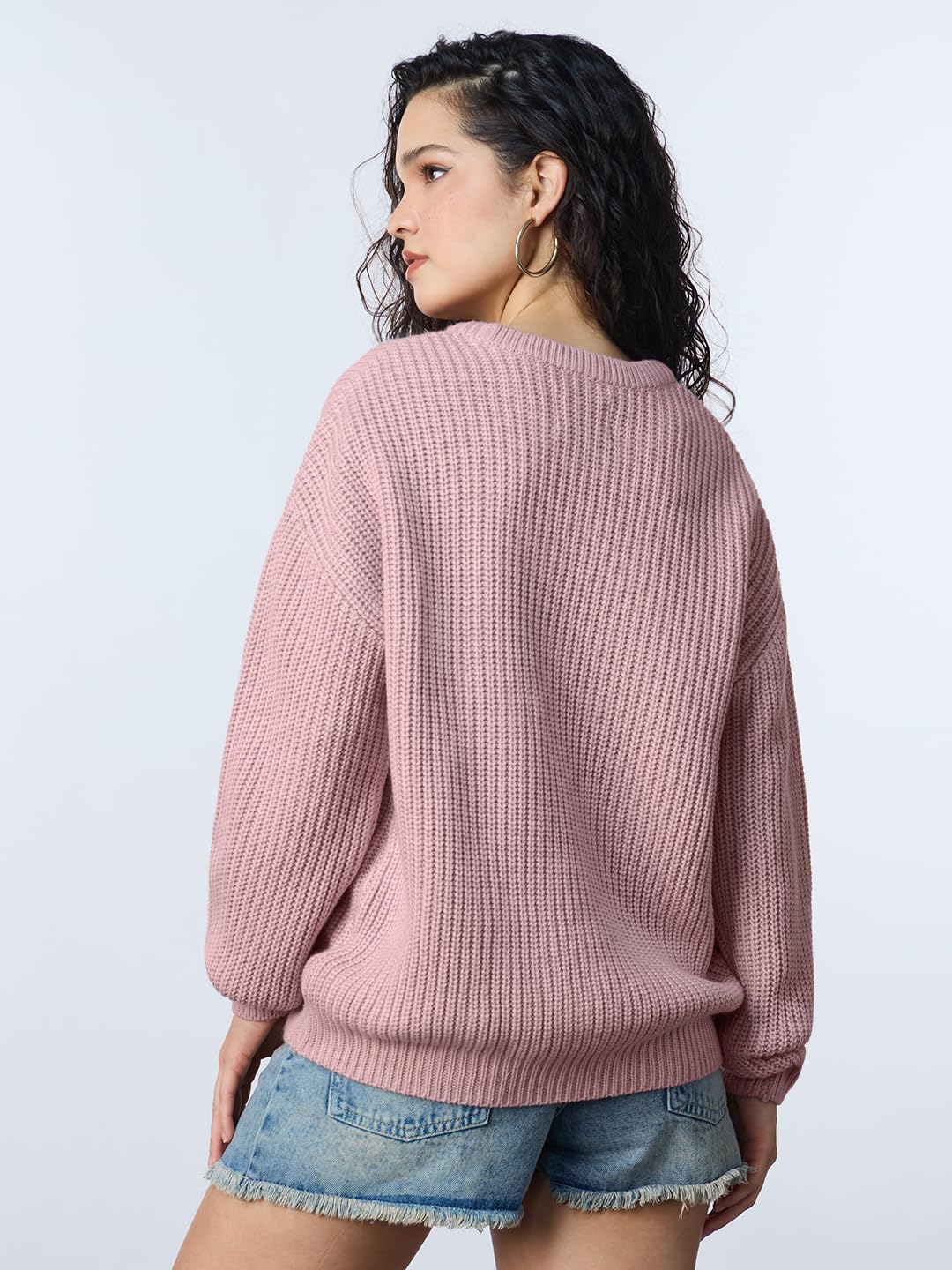 The Souled Store Knitted Sweater: Blush Women and Girls Long Sleeves Round Neck Solid Pull Over Acrylic Oversized Sweaters