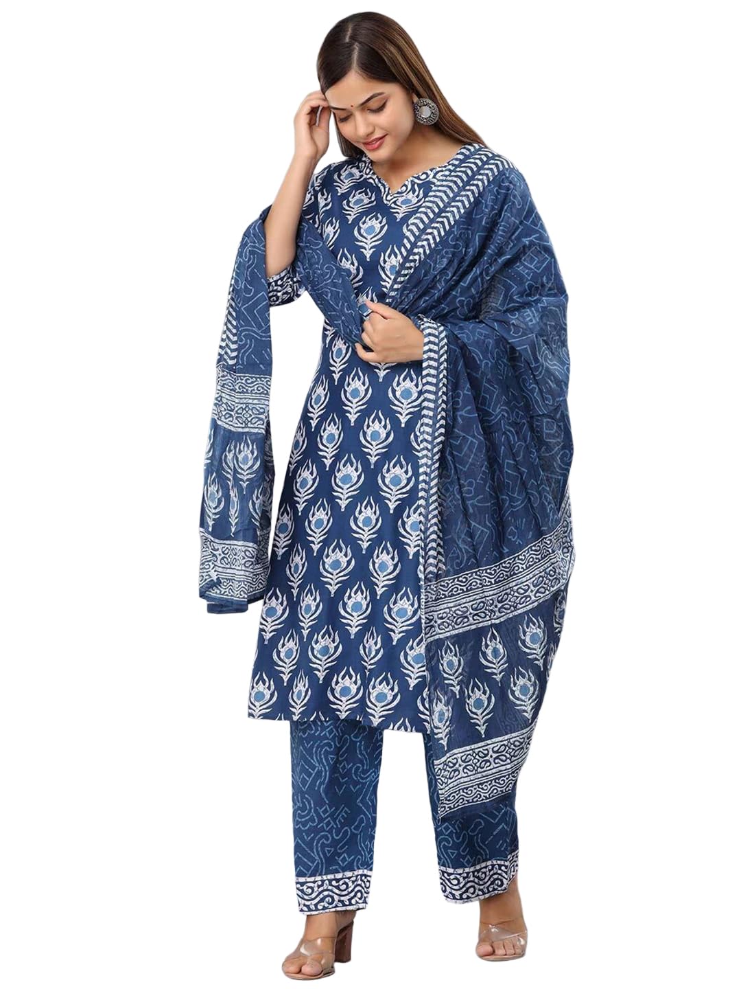 Tee Projekt Women's Cotton Blend Sweetheart Neck Straight Kurta Pant with Dupatta Set ll Block Printed Kurta Set for Women ll Festive Kurta Set for Women Navy