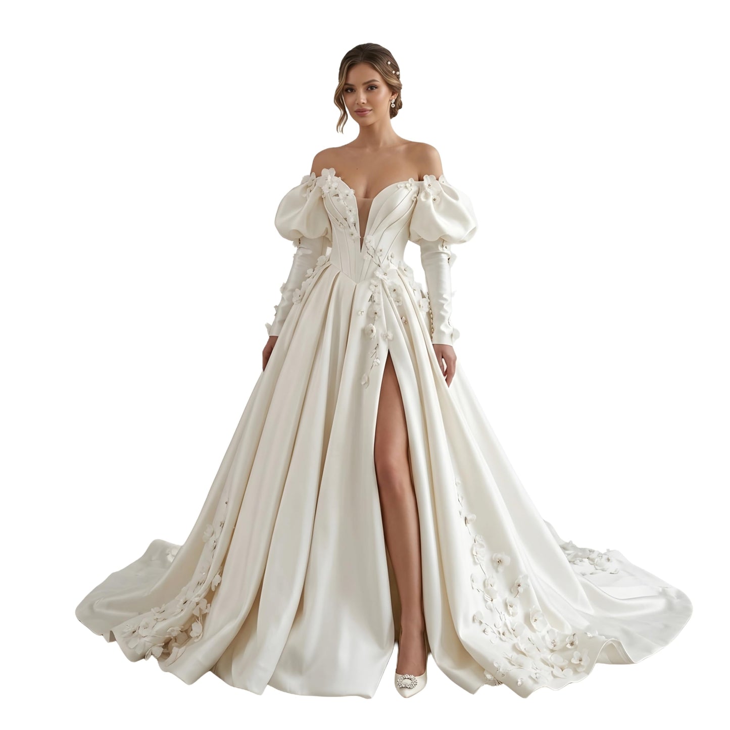 ThreadTexture Women's Off-The-Shoulder 3D Flowers Applique Wedding Slit Ball Gown (in, Alpha, S, Regular, Off White, Designer Shivay)