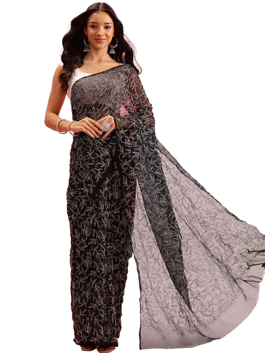 Ada Hand Embroidered Lucknowi Chikankari Georgette Saree for Women with Unstitched Blouse Piece A311376 Black