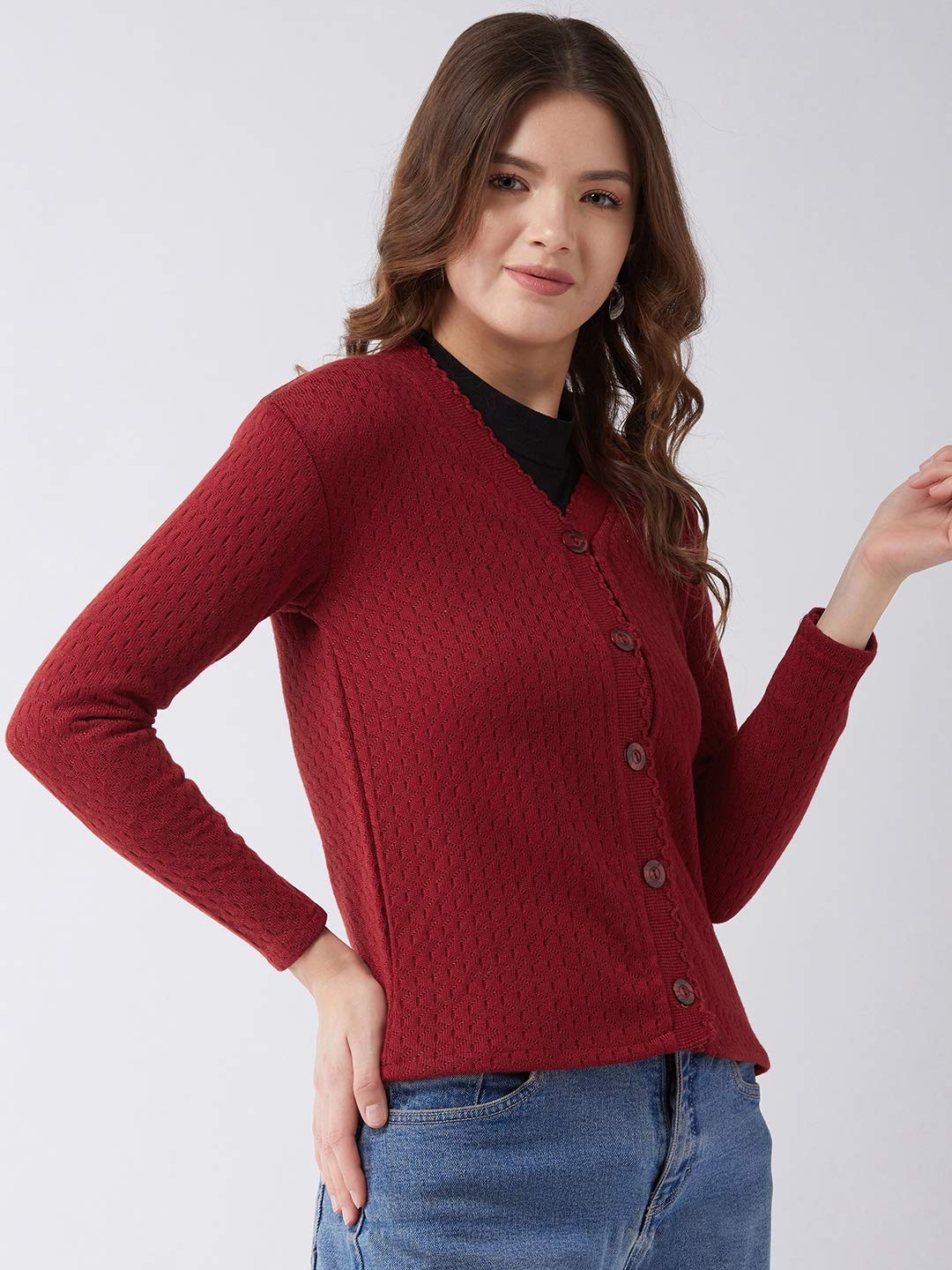 Pivl Self Design V Neck Casual Women Sweater (XX-Large, Maroon)