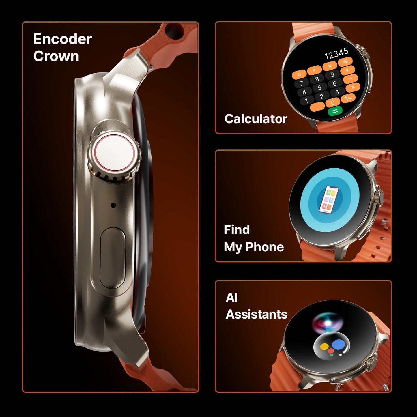 (Refurbished) CrossBeats Aura Round 1.46" Super AMOLED Smart Watch, Always On, Advanced AI ENC Bluetooth Calling, in-Built Games, Fast Charge, Rotating Crown, 123+ Sports Modes, 454 × 454 Pixel (Gold,Orange)