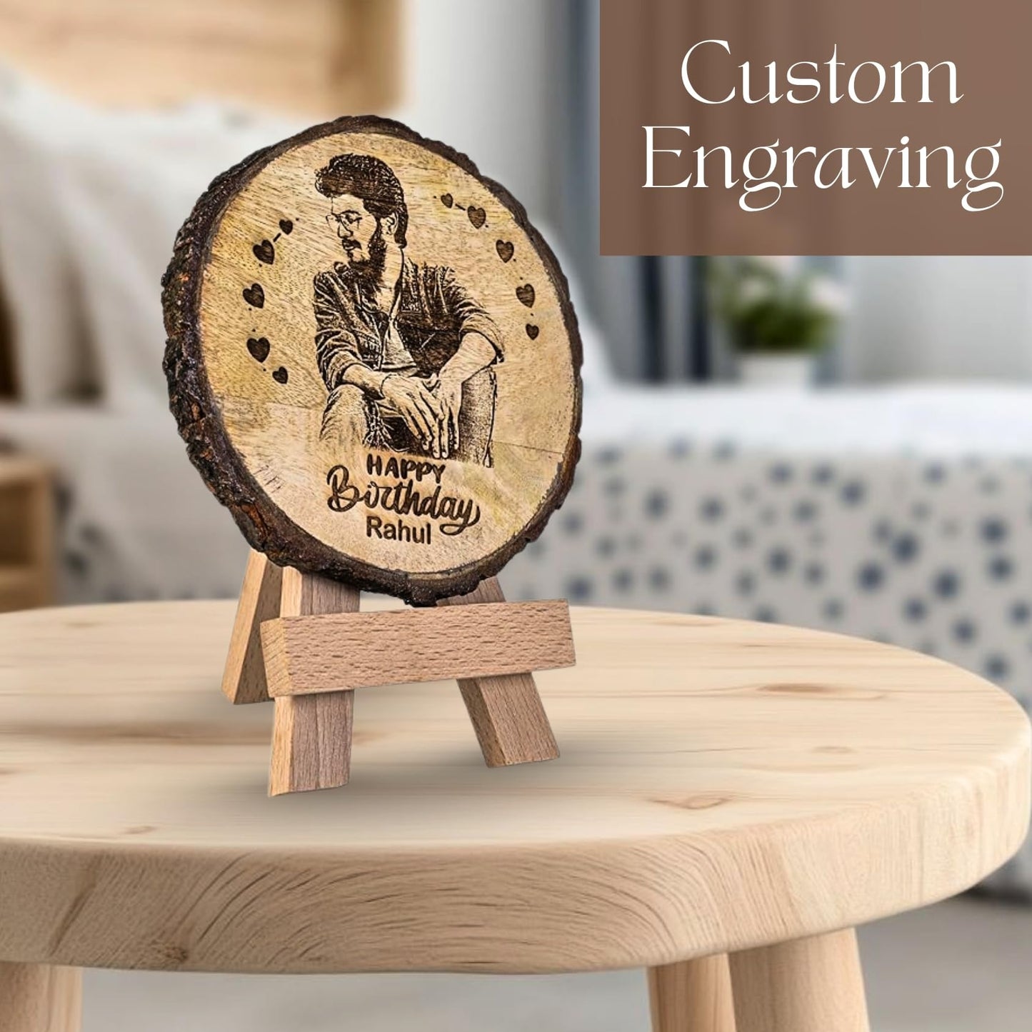 Giftanna Customize Engraved Natural Slice Wooden Round Photo Frame, Personalized Photo Gift For Birthday, Wedding, Real Wood Plaque With Wood Stand, Tabletop_ 5.5X5.5 Inches