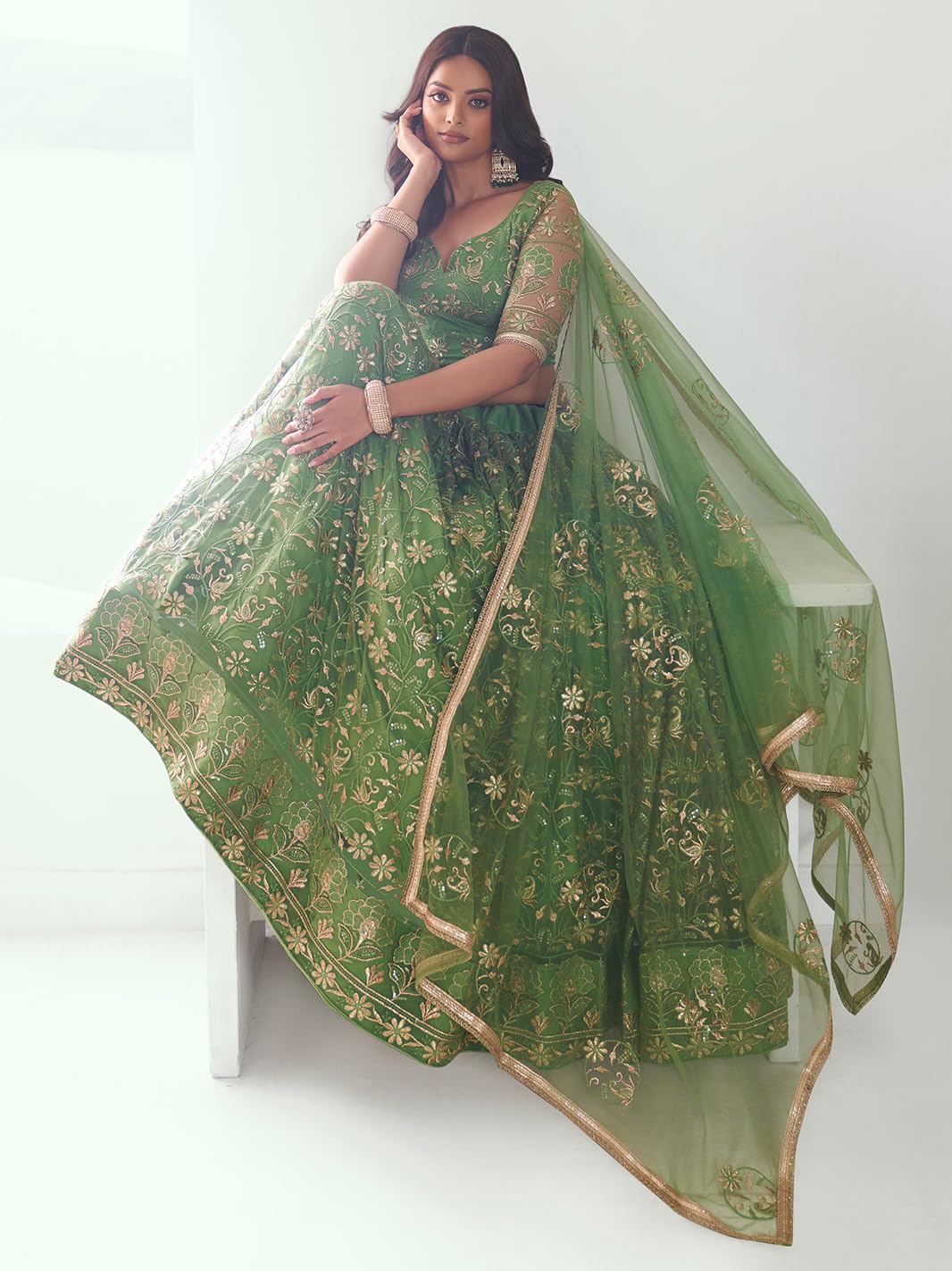 Zeel Clothing Women's Cotton Thread Sequins Work Embroidery Soft Net Readymade Lehenga Choli With Dupatta (Nfh-2205-Pista-Green-Women-Lehenga Choli Set Latest; Free Size)