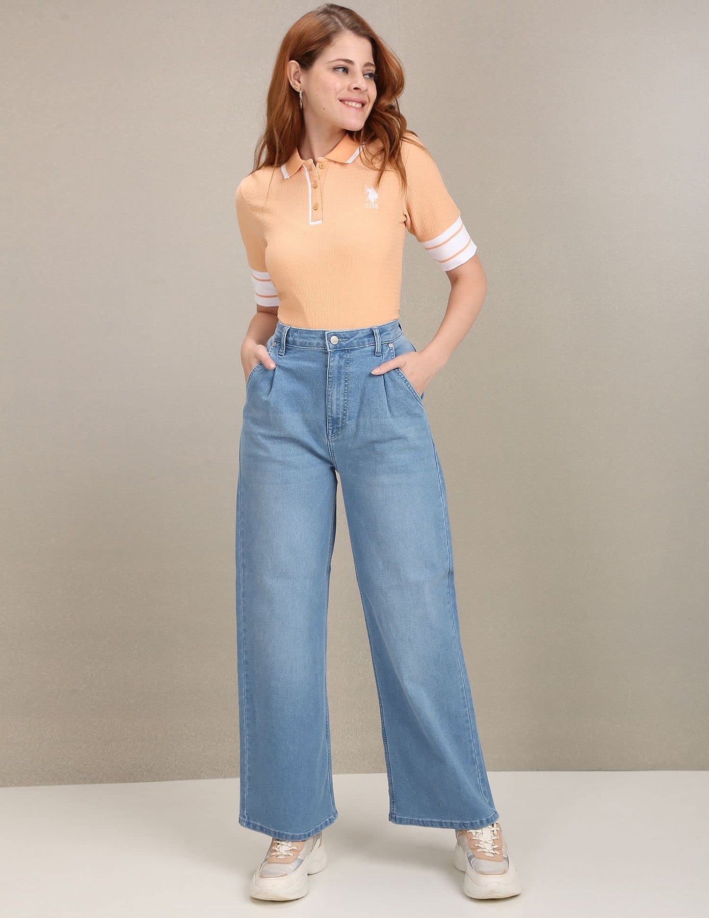 U.S. POLO ASSN. Women's High Rise Pleated Wide Leg Jeans (UWAW22JN063_Blue_32)