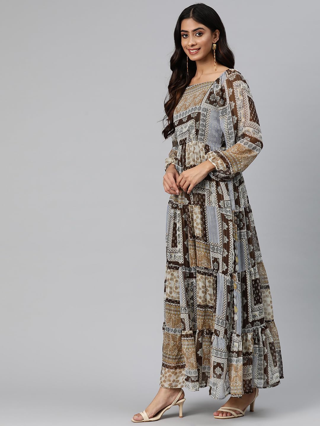 Cottinfab Women Brown Ethnic Motifs Print 3/4 Puff Sleeve Georgette Maxi Dress
