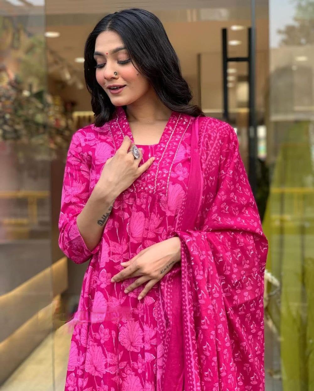 Modestouze Attires Women's Rayon Floral Printed Salwar Suit Set | V Neck 3/4 Sleeve Fit Flared Calf Length Kurta and Cotton Dupatta with Printed Palazzo | MA-K207-PINK-XXL