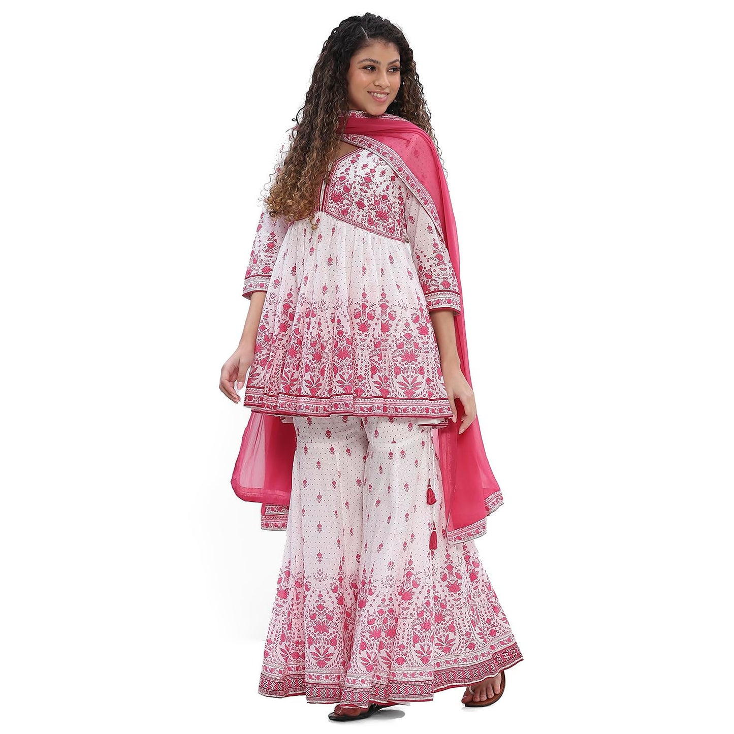 BIBA Women Cotton Floral Kurta Set (SKDCHHAP10619SS25OWHTPNK_Off-White-Pink, 2XL