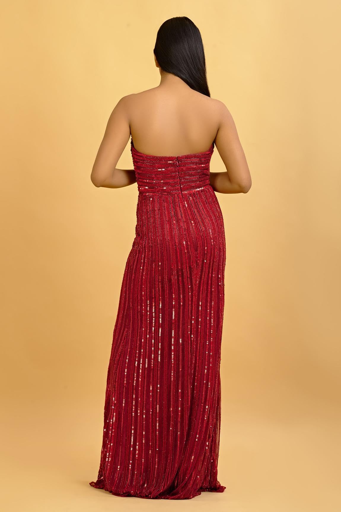 HarLiv Red tube neckline straight flow gown with all over sequins embroidery