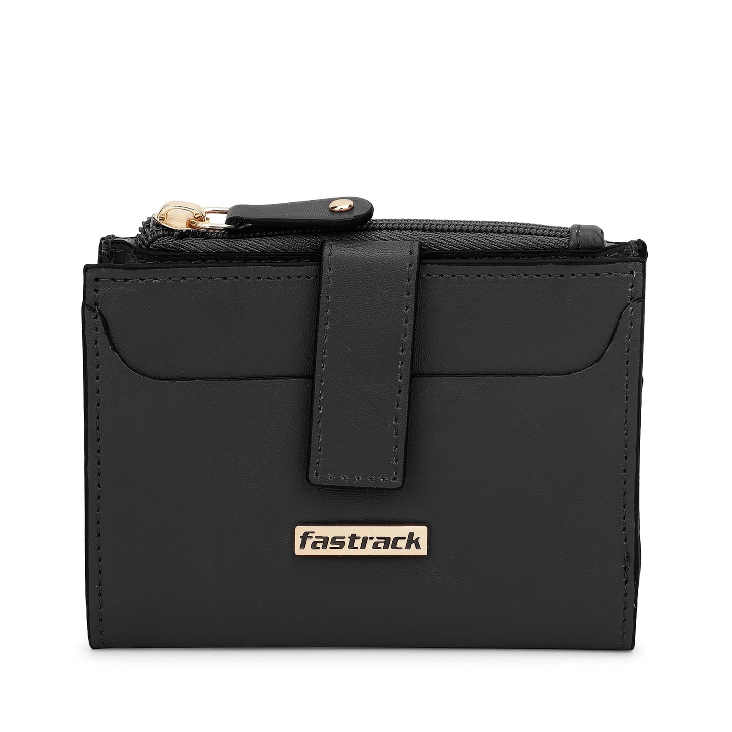 Fastrack Black Two-Fold Wallet | Faux-Leather Women’s Wallet | Compact Design with Card Slots & Zippered Pocket