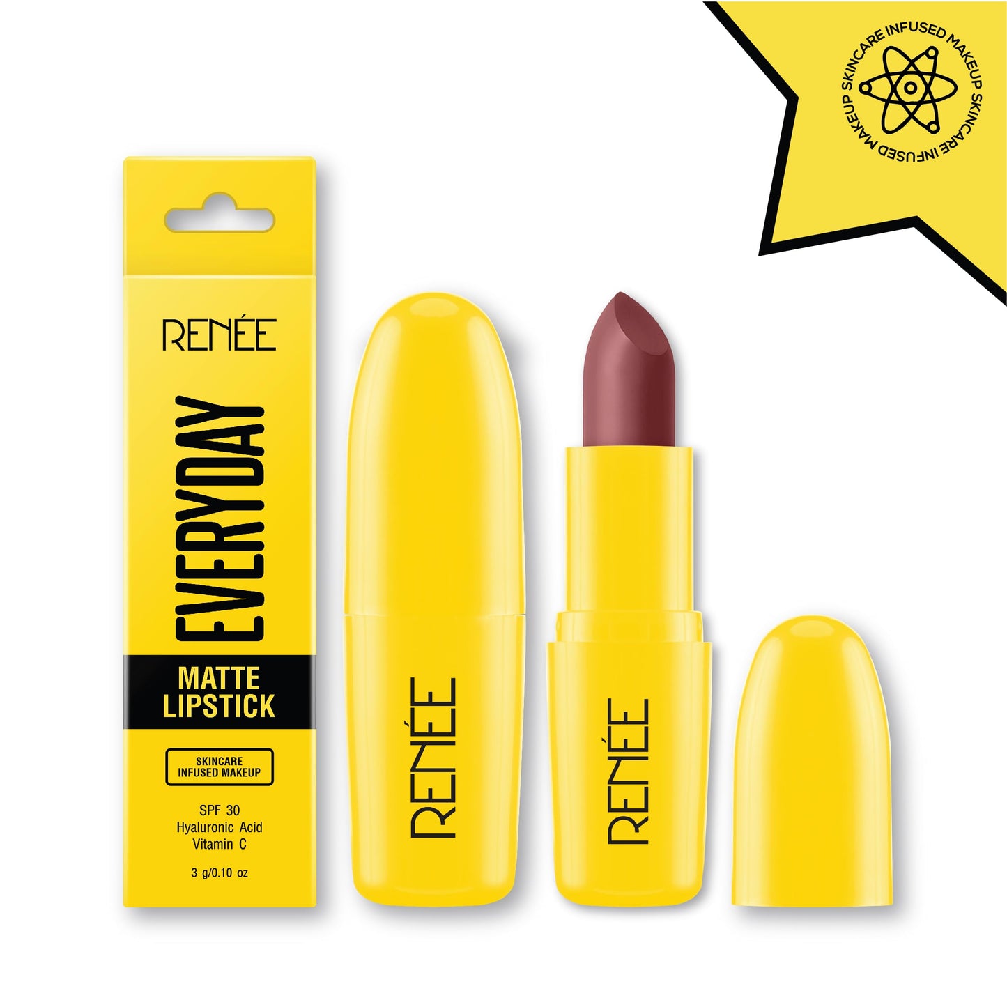 RENEE Everyday Matte Lipstick - Coffee, Lightweight, Intense Color Payoff with Creamy Matte Finish, Enriched with Vitamin C, Hyaluronic acid & SPF 30, Skincare Infused Makeup, 3 Gm