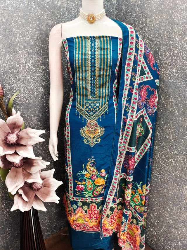 VARNI FABRICS Chinnon Dress Material for Women Digital Print Unstitched Woman Salwar Suit Dress Material With Chinnon Dupatta Teal Blue