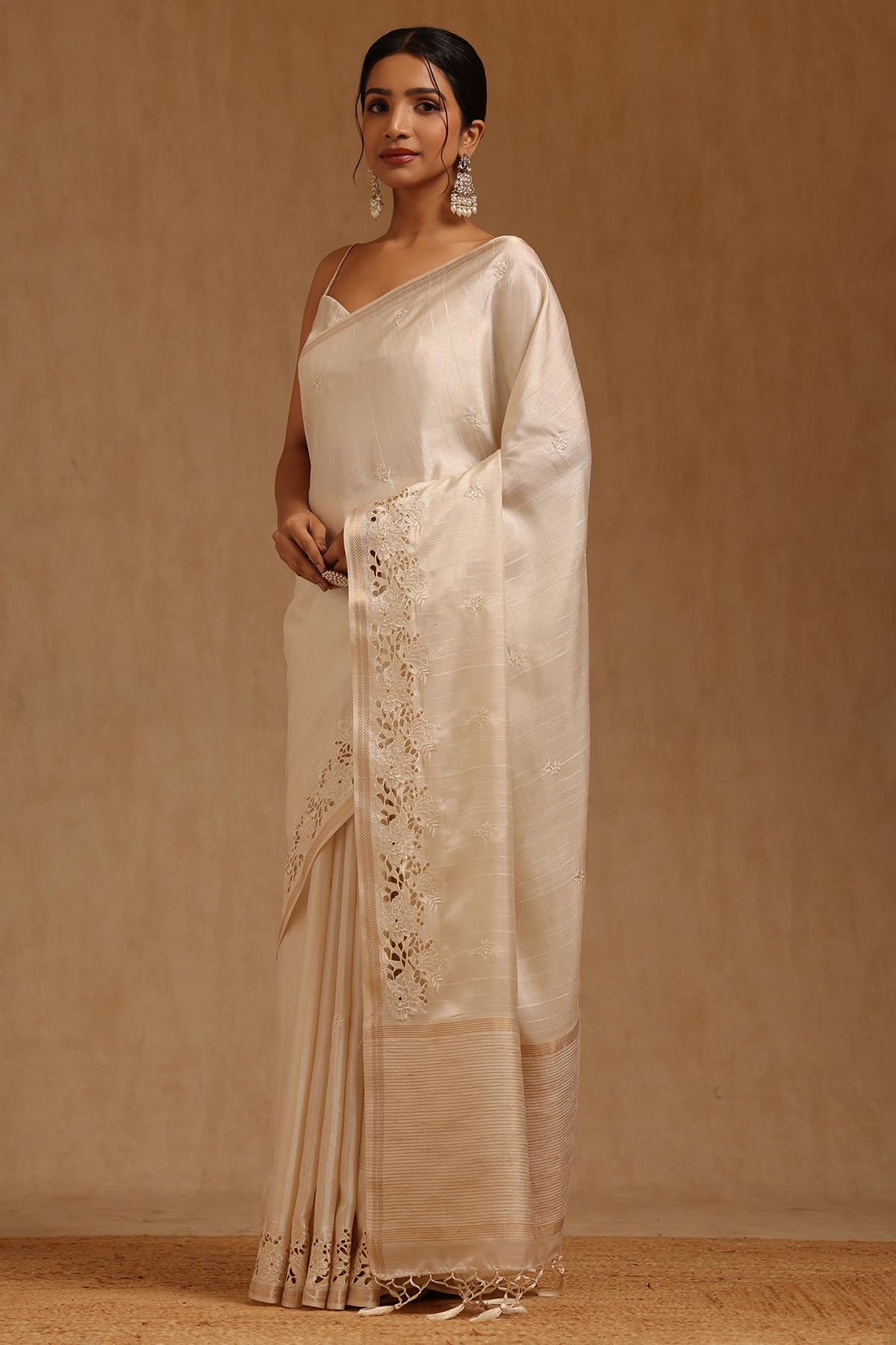 Soch Womens Cream Tussar Hand Embroidered Saree