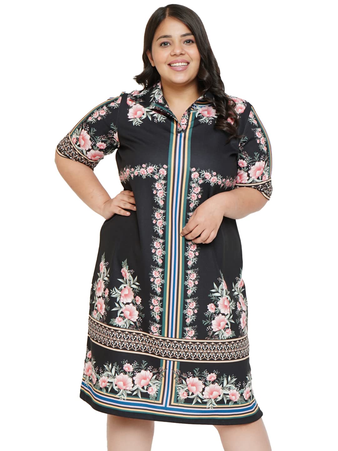 AMYDUS Women Plus Size Printed Polo Dress | Collared Neck | Short Sleeves | Smart Straight Fit | Knee Length | Western Dresses for Women - XL to 9XL