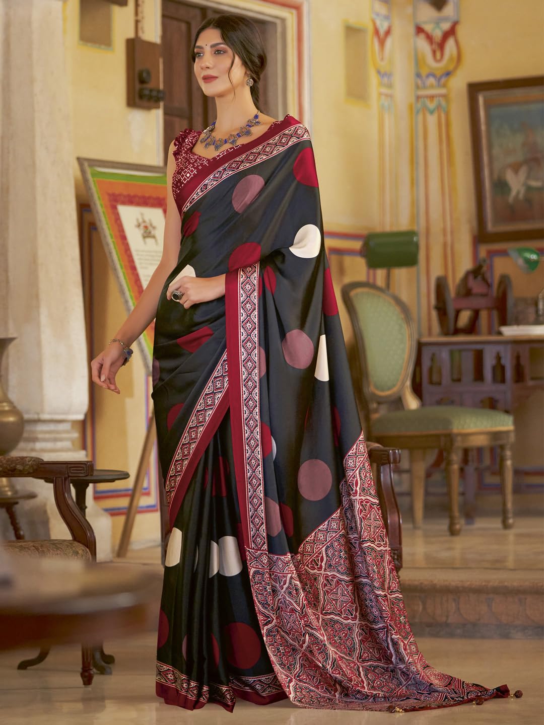 SAREE MALL Women's Ajrkh Print Satin Crepe Polka Dot Printed Saree With Unstitched Blouse Piece(Black_MOHAR101B_HS)